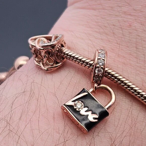 MET Pandora Rose Tone Charm Bracelet Love Padlock Entwined Hearts Beads - Picture 4 of 11